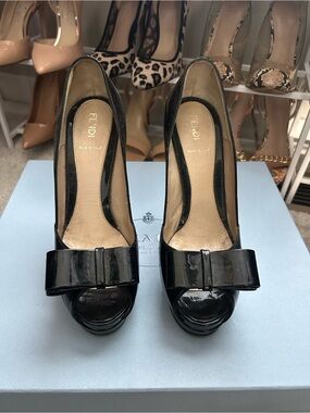 Fendi Black Patent Peep-Toe Bow Heels